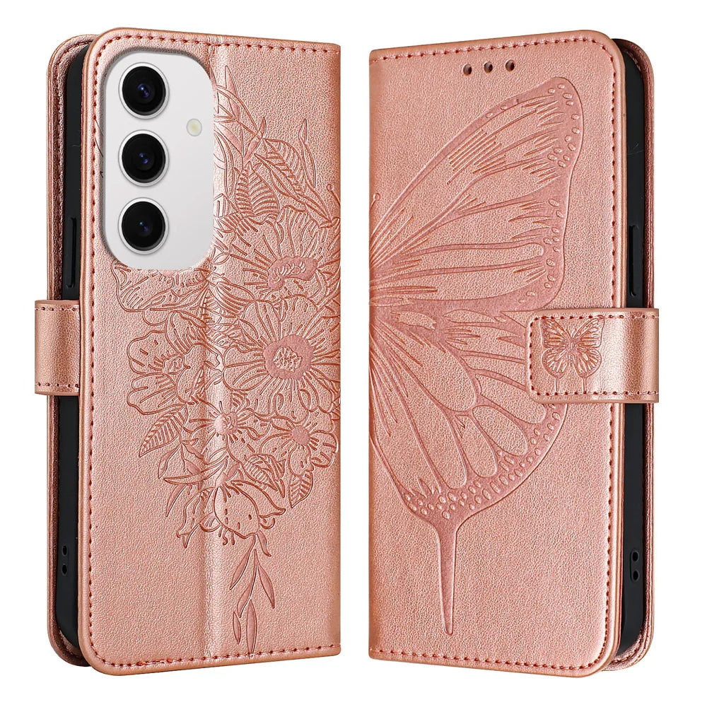 For Samsung Galaxy S24 FE Case YB Imprinting Series-4 Butterfly Flower Flip Wallet Leather Phone Cover