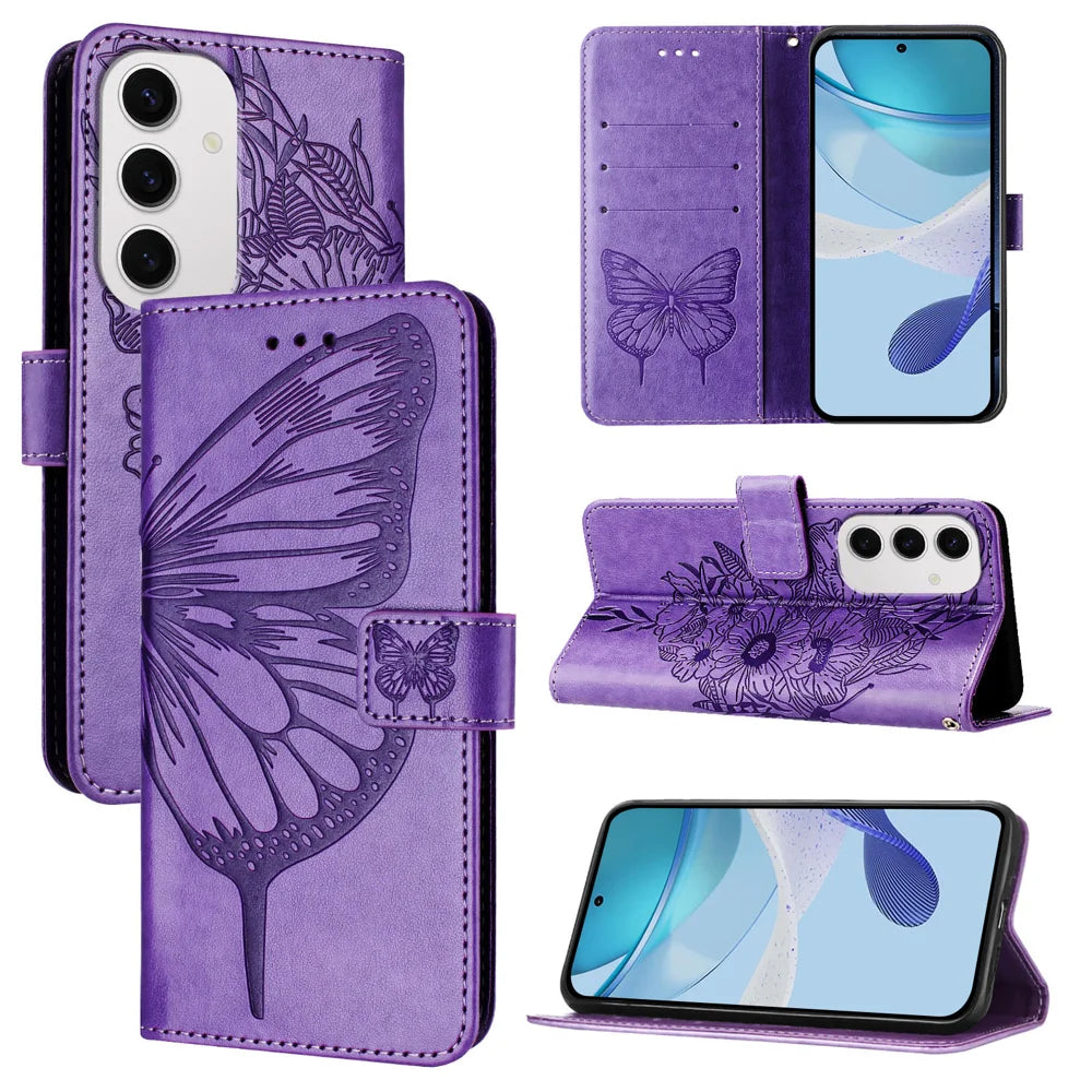 For Samsung Galaxy S24 FE Case YB Imprinting Series-4 Butterfly Flower Flip Wallet Leather Phone Cover