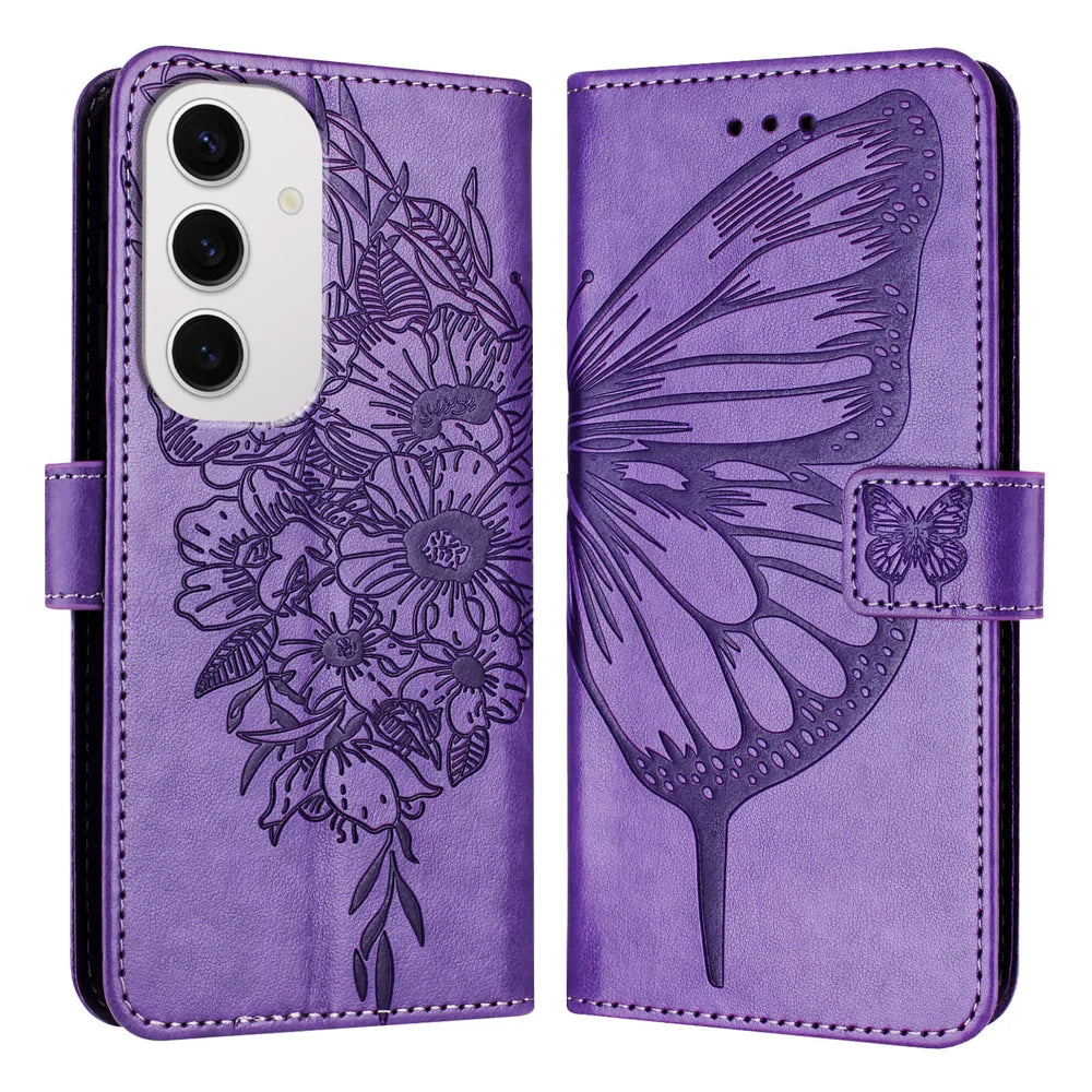 For Samsung Galaxy S24 FE Case YB Imprinting Series-4 Butterfly Flower Flip Wallet Leather Phone Cover