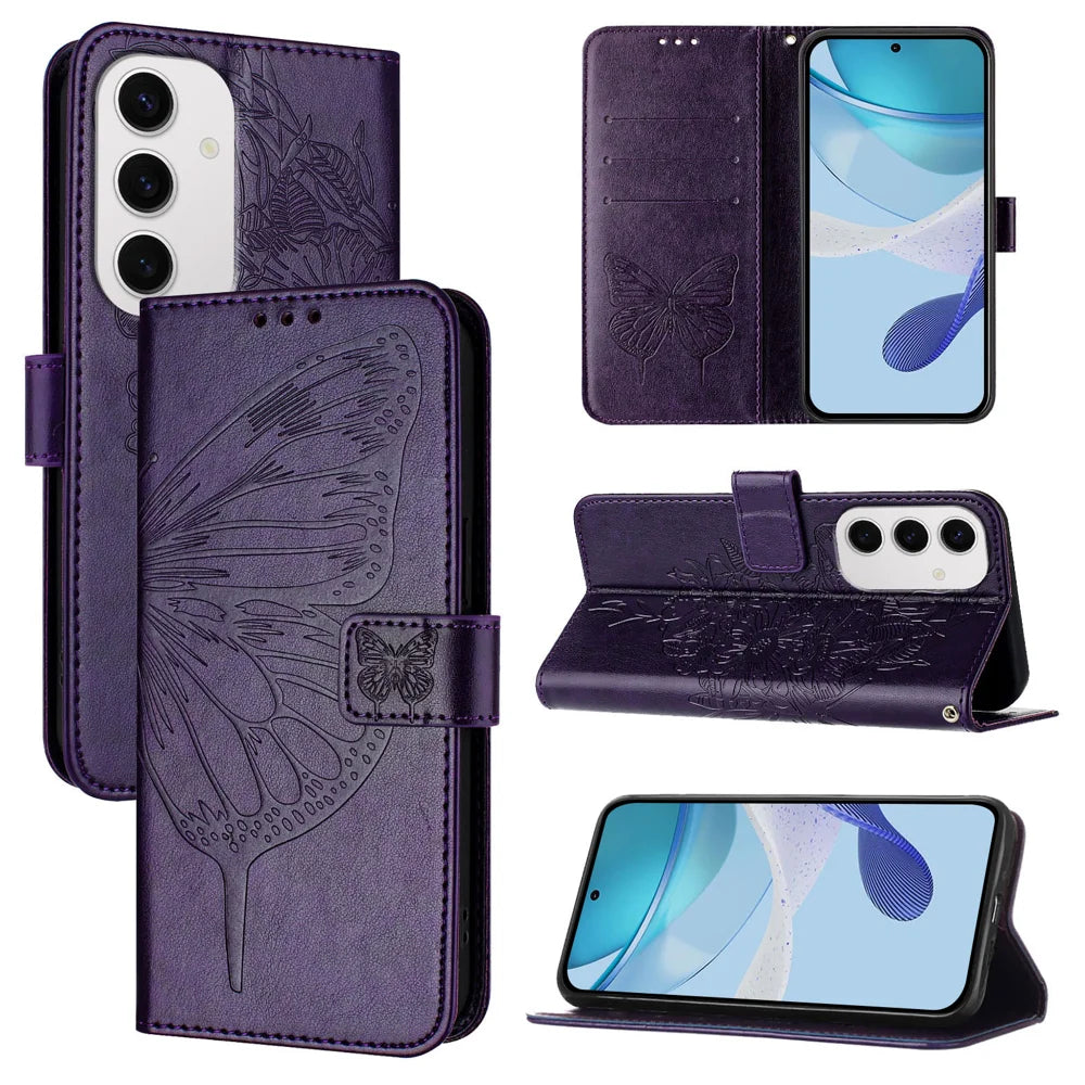 For Samsung Galaxy S24 FE Case YB Imprinting Series-4 Butterfly Flower Flip Wallet Leather Phone Cover