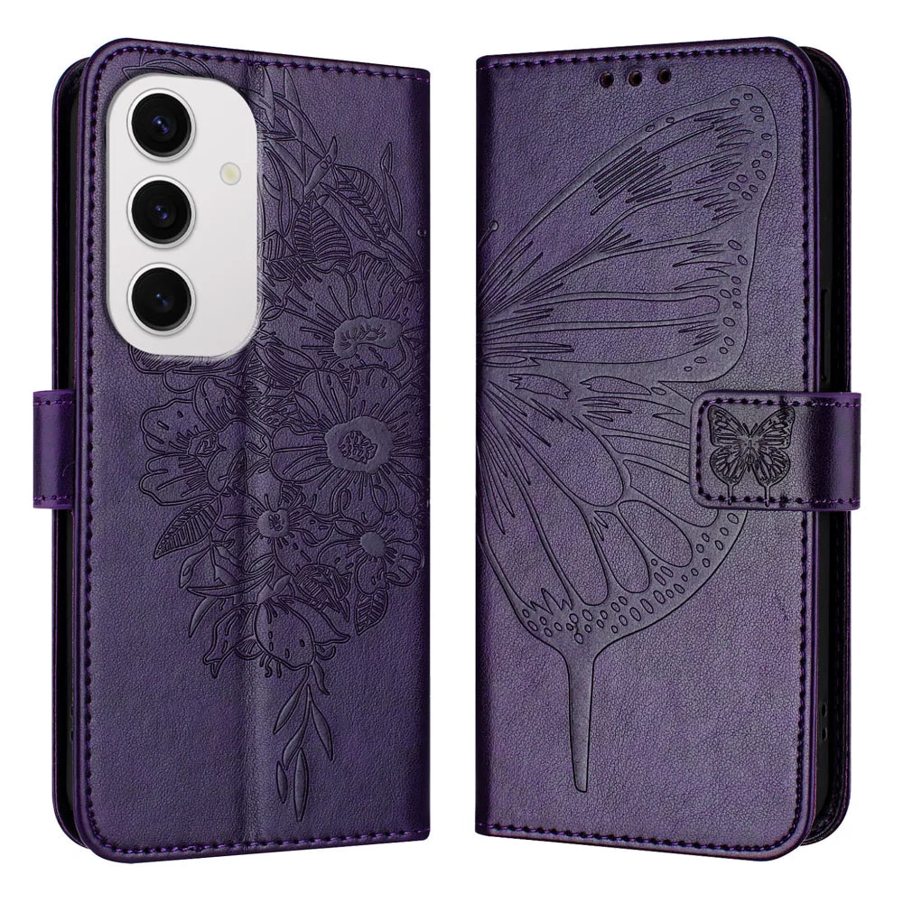For Samsung Galaxy S24 FE Case YB Imprinting Series-4 Butterfly Flower Flip Wallet Leather Phone Cover