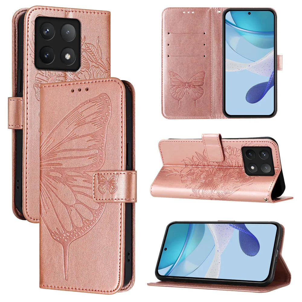 For Xiaomi 14T Pro Case YB Imprinting Series-4 Butterfly Flower Flip Wallet Leather Phone Cover