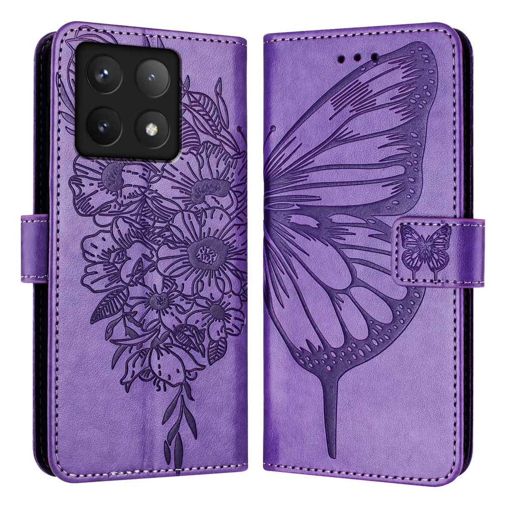 For Xiaomi 14T Pro Case YB Imprinting Series-4 Butterfly Flower Flip Wallet Leather Phone Cover