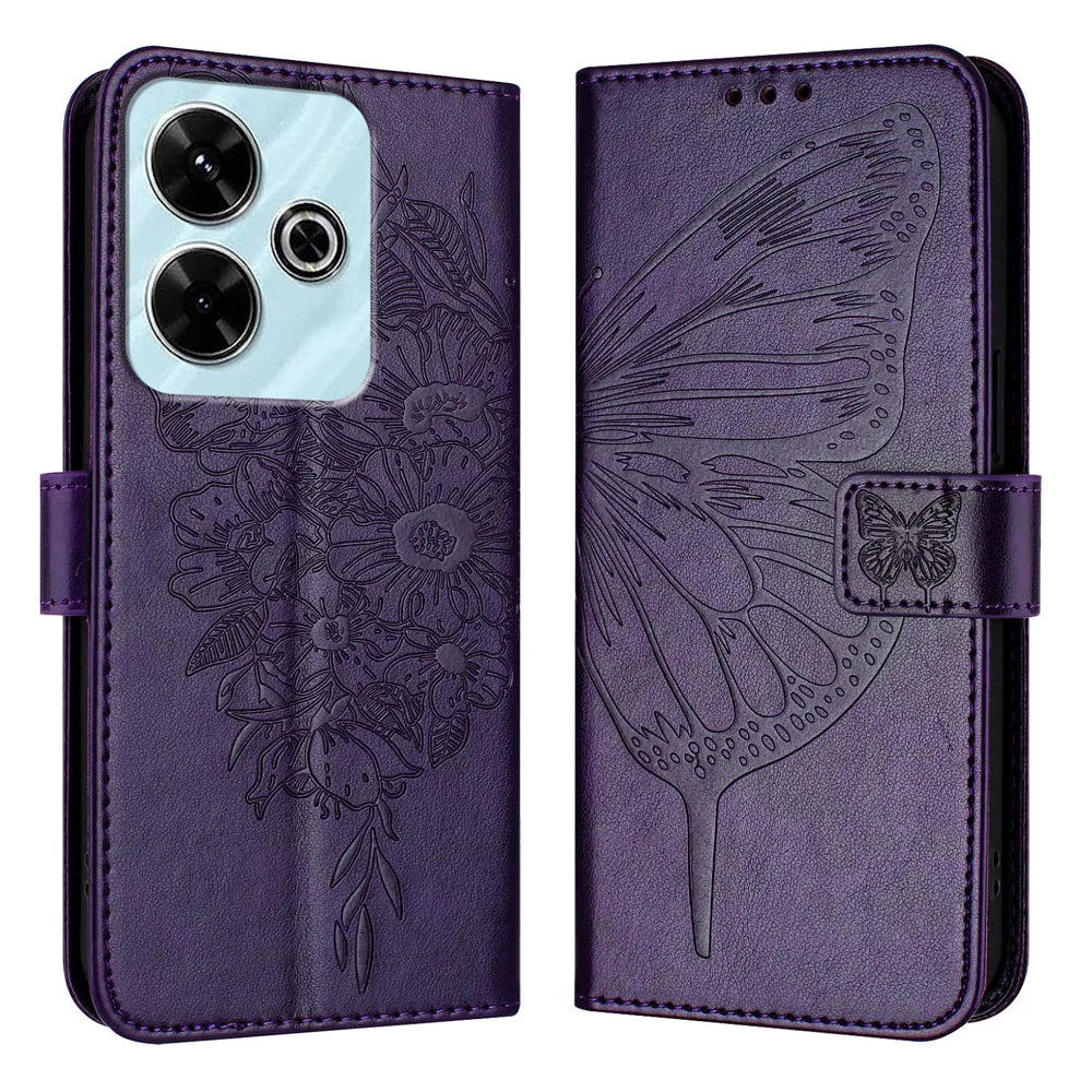For Xiaomi Redmi 13 4G Case YB Imprinting Series-4 Butterfly Flower Flip Wallet Leather Phone Cover