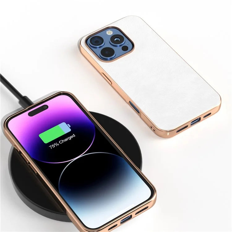 For iPhone 16 Pro Case Electroplating Phone Cover PU Leather+TPU Litchi Texture Case