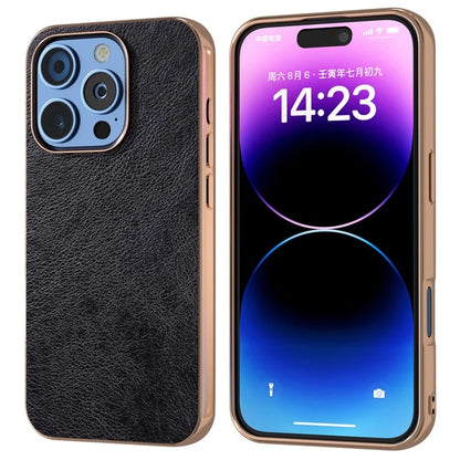 For iPhone 16 Pro Case Electroplating Phone Cover PU Leather+TPU Litchi Texture Case