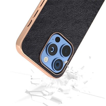 For iPhone 16 Pro Case Electroplating Phone Cover PU Leather+TPU Litchi Texture Case