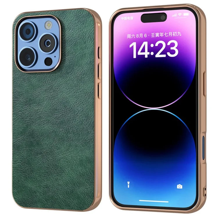 For iPhone 16 Pro Case Electroplating Phone Cover PU Leather+TPU Litchi Texture Case