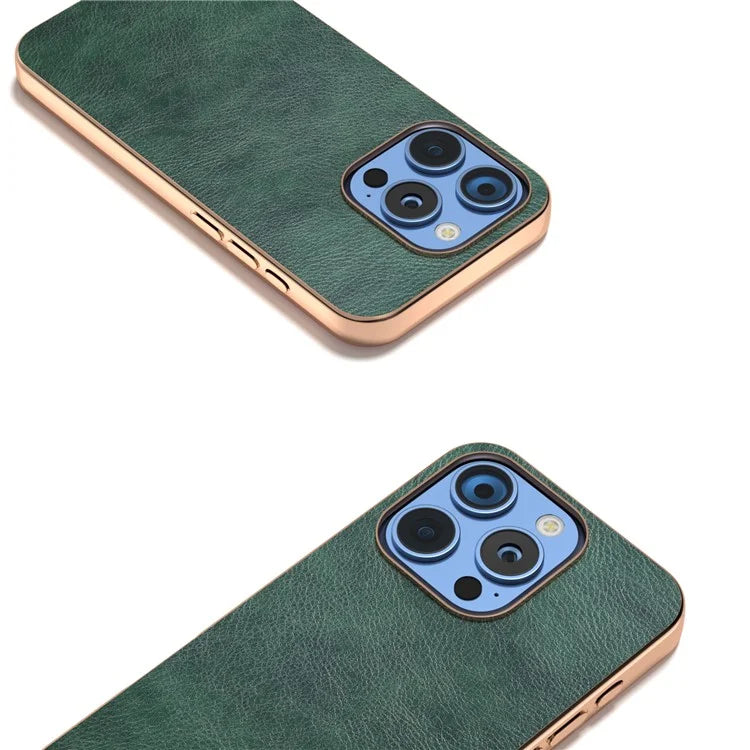 For iPhone 16 Pro Case Electroplating Phone Cover PU Leather+TPU Litchi Texture Case