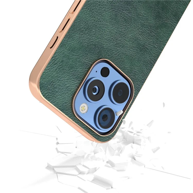 For iPhone 16 Pro Case Electroplating Phone Cover PU Leather+TPU Litchi Texture Case