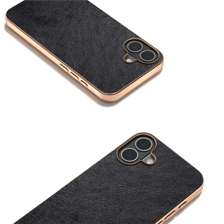 For iPhone 16 Plus Case Electroplating Phone Cover PU Leather+TPU Litchi Texture Case