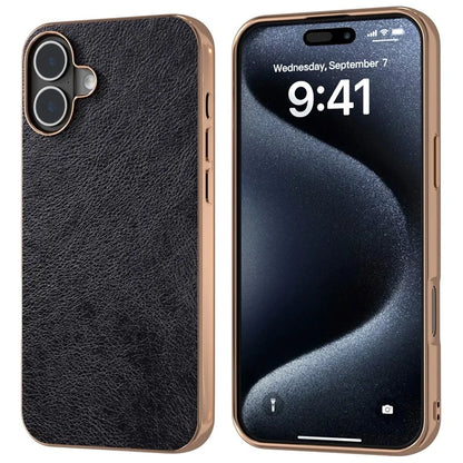 For iPhone 16 Case Electroplating Phone Cover PU Leather+TPU Litchi Texture Case