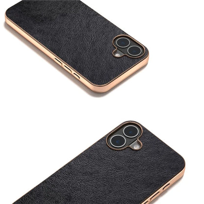 For iPhone 16 Case Electroplating Phone Cover PU Leather+TPU Litchi Texture Case