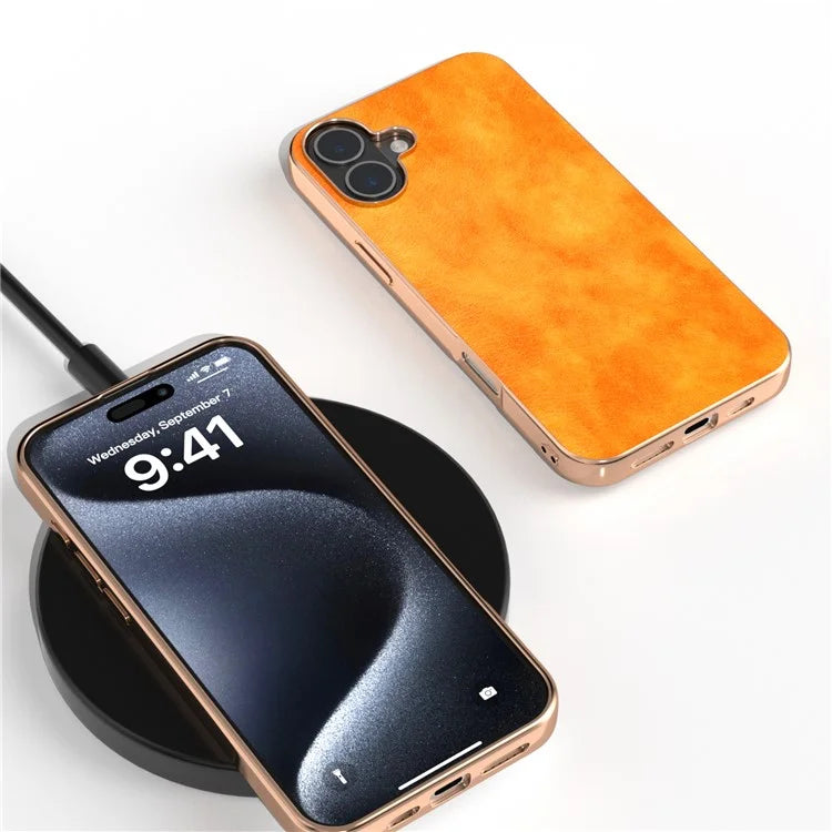 For iPhone 16 Case Electroplating Phone Cover PU Leather+TPU Litchi Texture Case