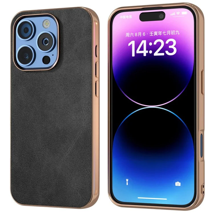 For iPhone 16 Pro Case Electroplating Phone Cover Cowhide Texture PU+TPU Protective Case