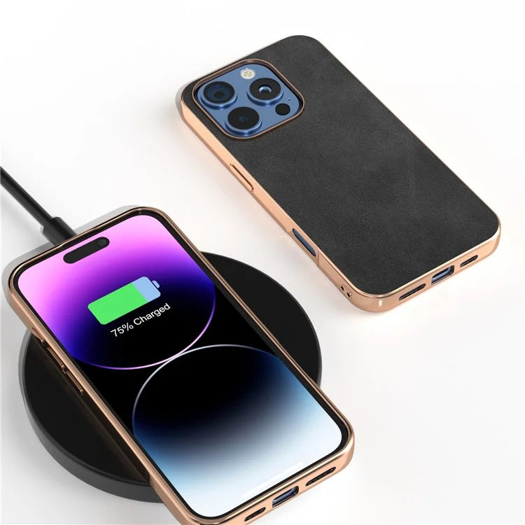 For iPhone 16 Pro Case Electroplating Phone Cover Cowhide Texture PU+TPU Protective Case