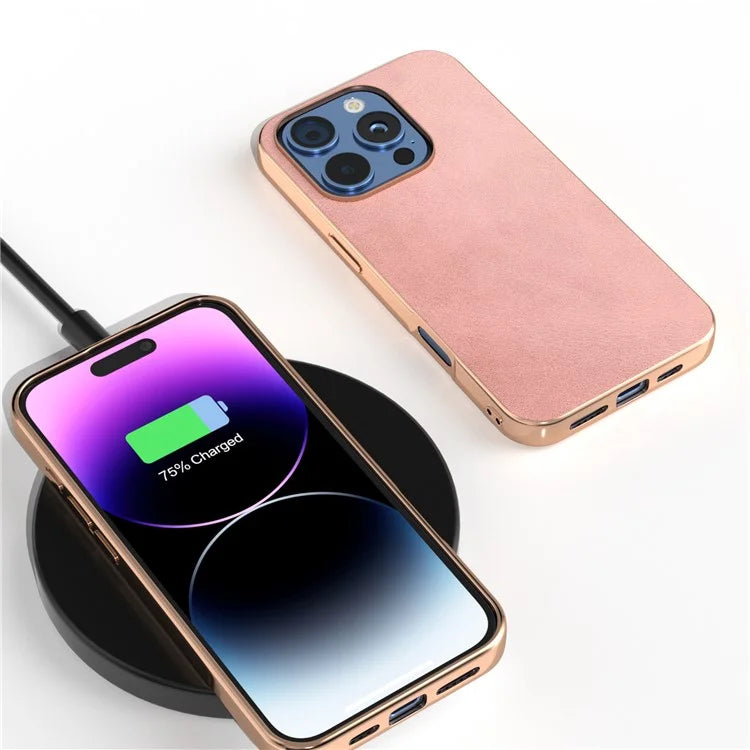 For iPhone 16 Pro Case Electroplating Phone Cover Cowhide Texture PU+TPU Protective Case