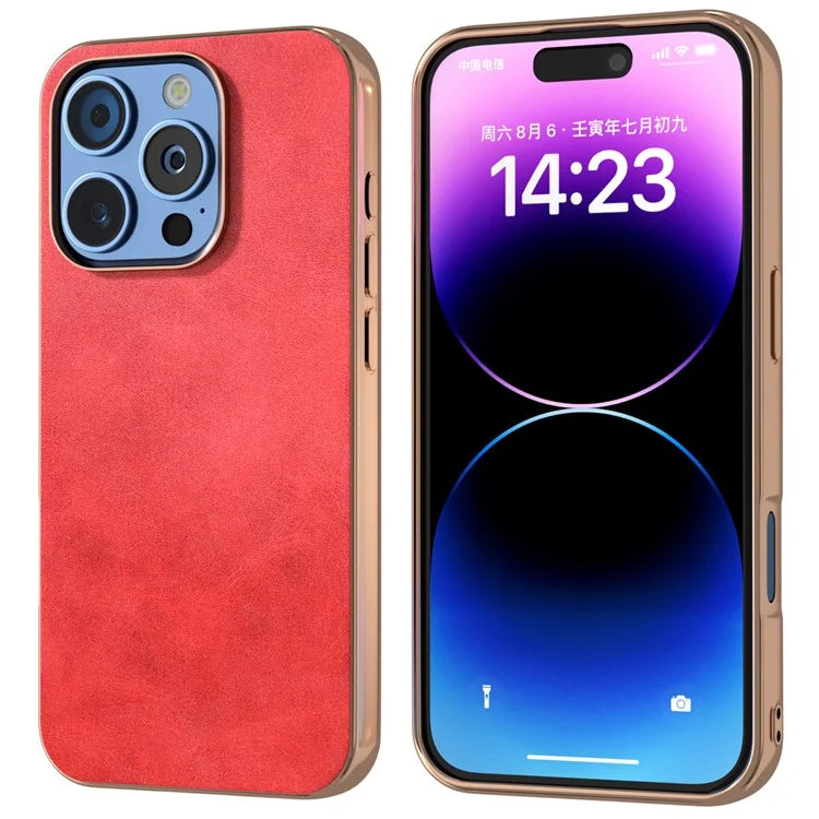 For iPhone 16 Pro Case Electroplating Phone Cover Cowhide Texture PU+TPU Protective Case