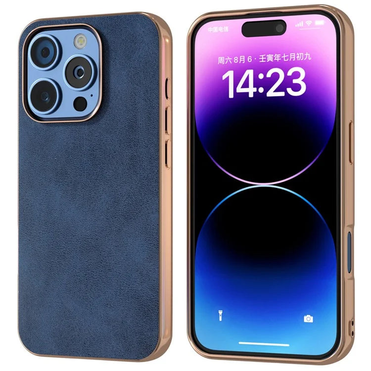 For iPhone 16 Pro Case Electroplating Phone Cover Cowhide Texture PU+TPU Protective Case