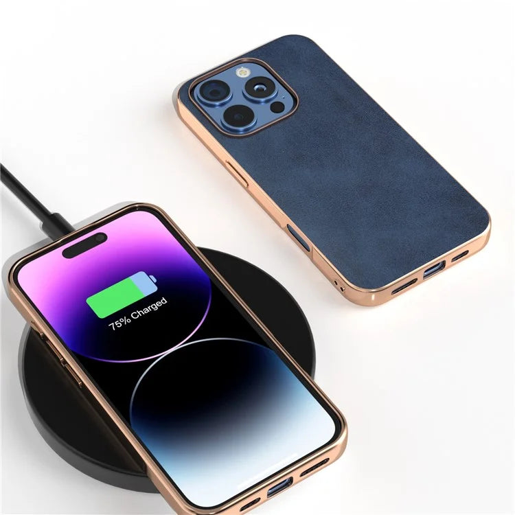 For iPhone 16 Pro Case Electroplating Phone Cover Cowhide Texture PU+TPU Protective Case