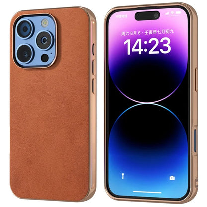 For iPhone 16 Pro Case Electroplating Phone Cover Cowhide Texture PU+TPU Protective Case