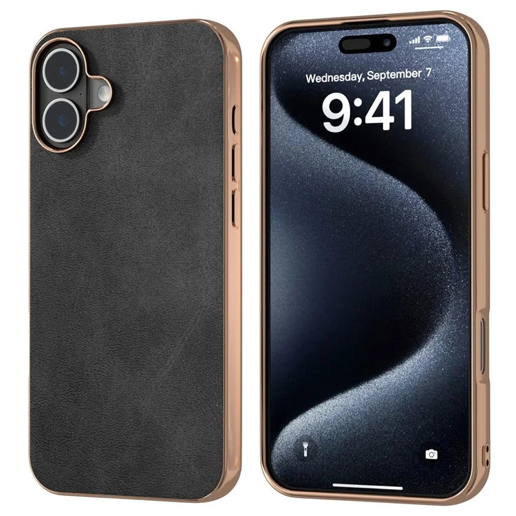 For iPhone 16 Plus Case Electroplating Phone Cover Cowhide Texture PU+TPU Protective Case