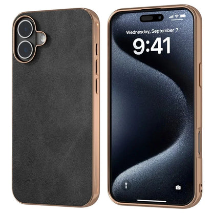 For iPhone 16 Plus Case Electroplating Phone Cover Cowhide Texture PU+TPU Protective Case