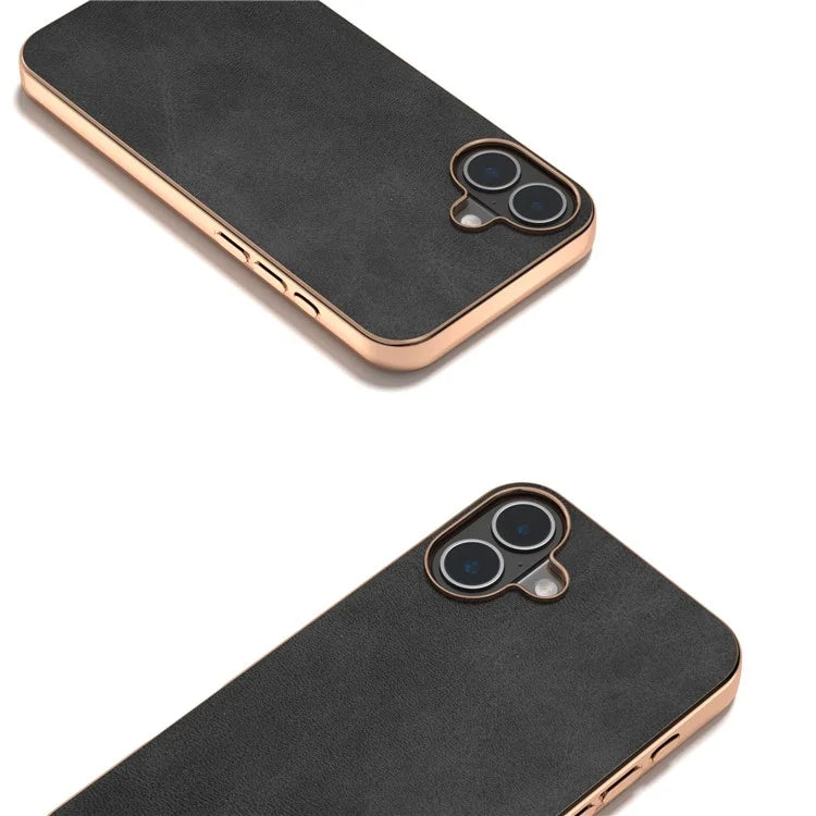 For iPhone 16 Plus Case Electroplating Phone Cover Cowhide Texture PU+TPU Protective Case