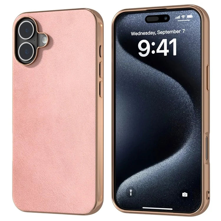 For iPhone 16 Plus Case Electroplating Phone Cover Cowhide Texture PU+TPU Protective Case