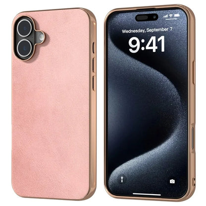 For iPhone 16 Plus Case Electroplating Phone Cover Cowhide Texture PU+TPU Protective Case