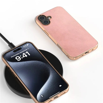 For iPhone 16 Plus Case Electroplating Phone Cover Cowhide Texture PU+TPU Protective Case