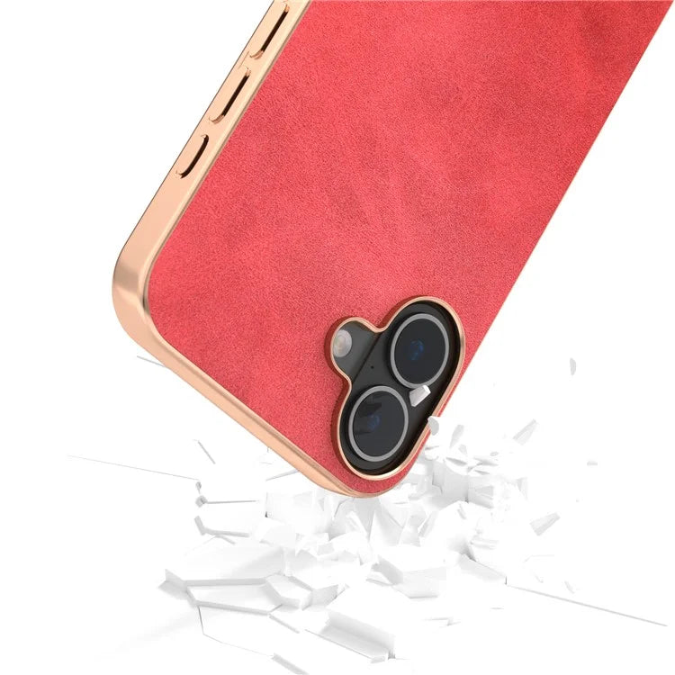 For iPhone 16 Plus Case Electroplating Phone Cover Cowhide Texture PU+TPU Protective Case