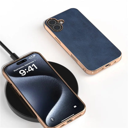 For iPhone 16 Plus Case Electroplating Phone Cover Cowhide Texture PU+TPU Protective Case