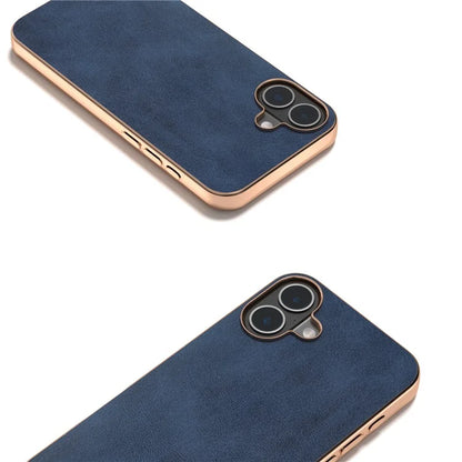 For iPhone 16 Plus Case Electroplating Phone Cover Cowhide Texture PU+TPU Protective Case