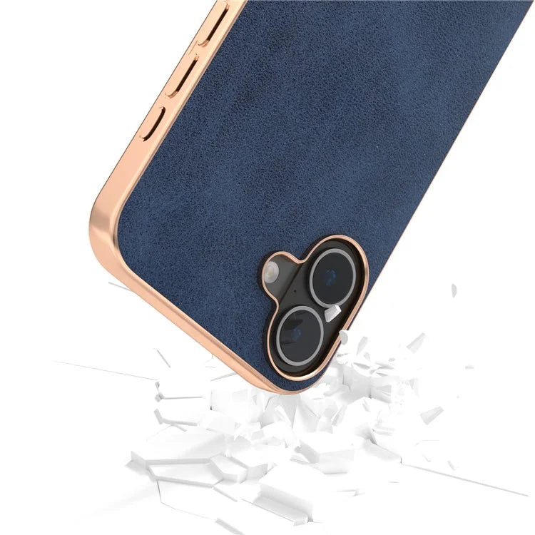 For iPhone 16 Plus Case Electroplating Phone Cover Cowhide Texture PU+TPU Protective Case