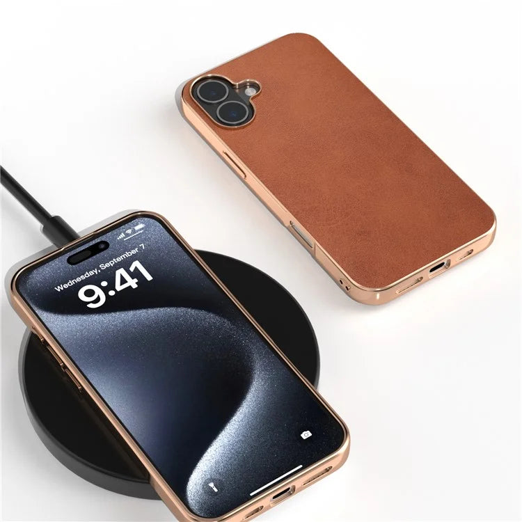For iPhone 16 Plus Case Electroplating Phone Cover Cowhide Texture PU+TPU Protective Case