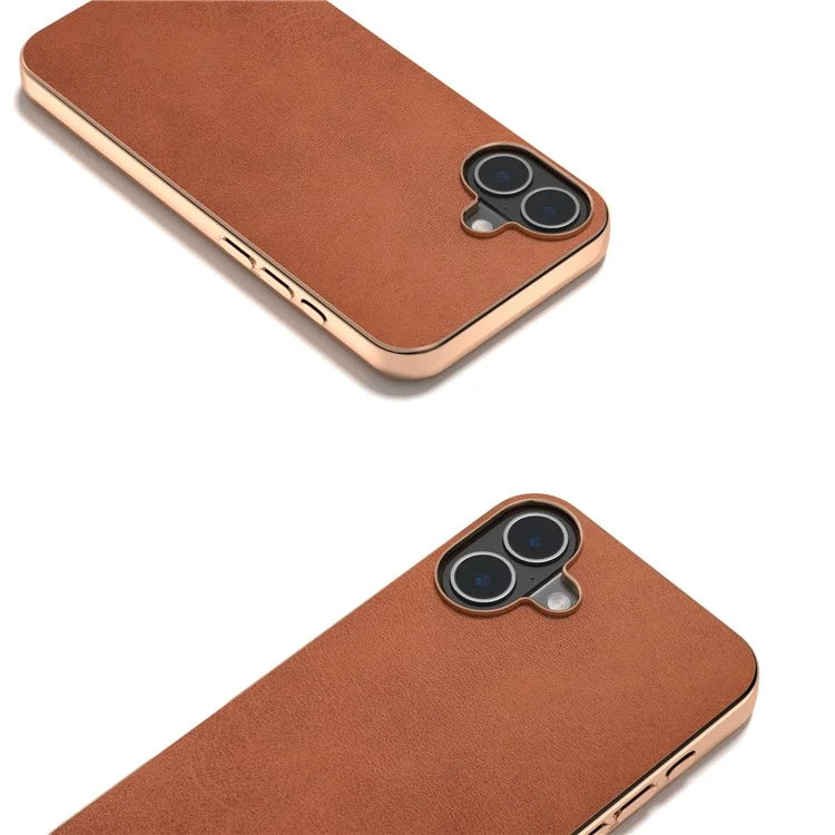 For iPhone 16 Plus Case Electroplating Phone Cover Cowhide Texture PU+TPU Protective Case