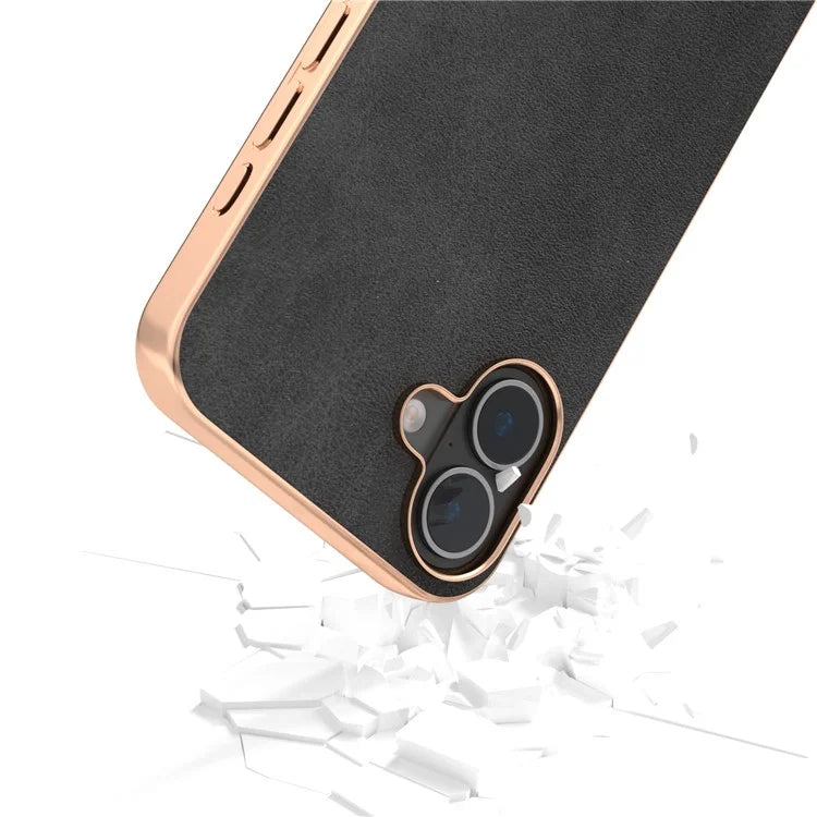 For iPhone 16 Case Electroplating Phone Cover Cowhide Texture PU+TPU Protective Case