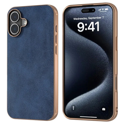 For iPhone 16 Case Electroplating Phone Cover Cowhide Texture PU+TPU Protective Case