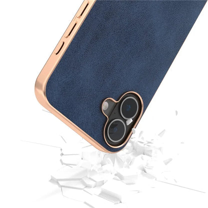 For iPhone 16 Case Electroplating Phone Cover Cowhide Texture PU+TPU Protective Case