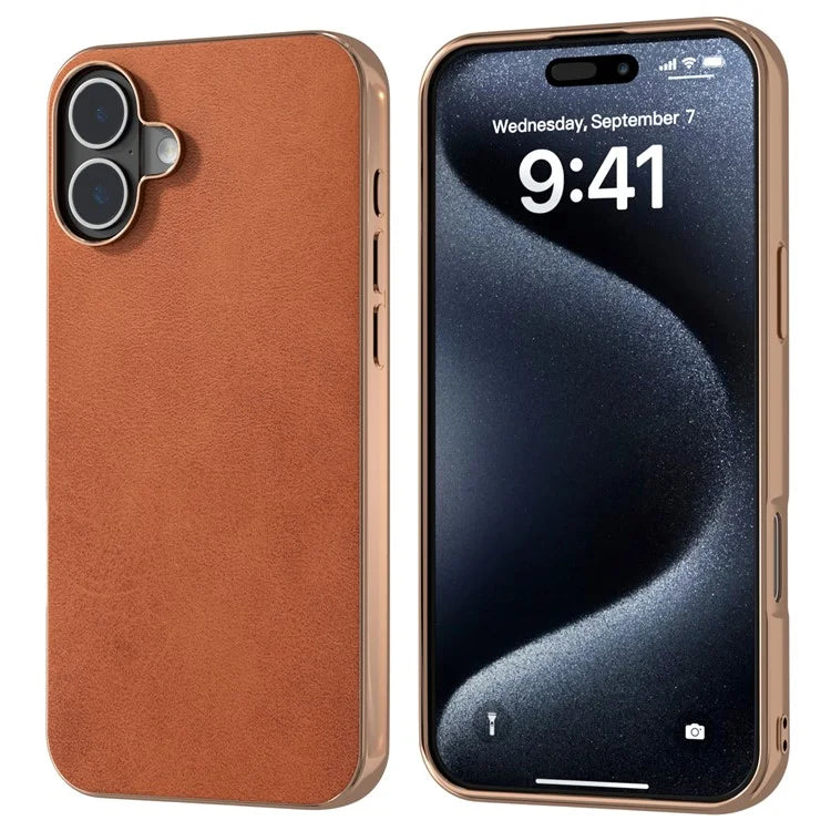 For iPhone 16 Case Electroplating Phone Cover Cowhide Texture PU+TPU Protective Case