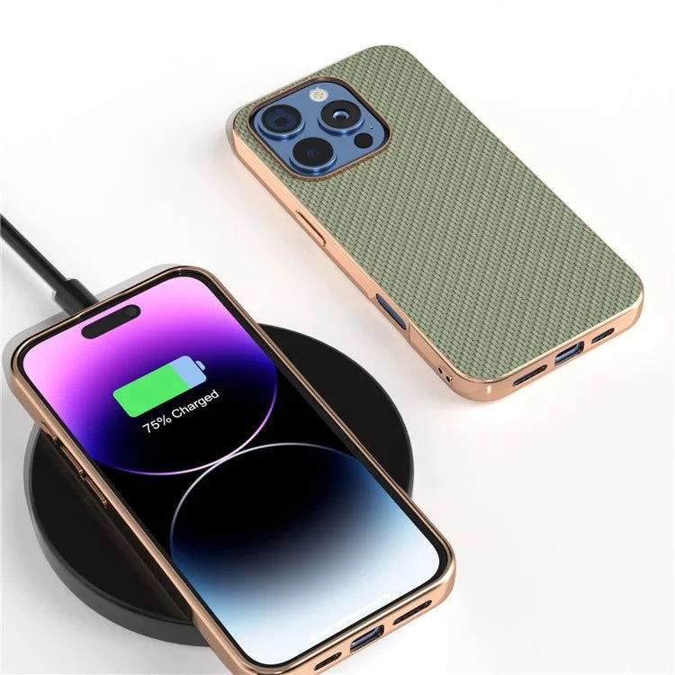 For iPhone 16 Pro Max Case Electroplating Phone Cover Carbon Fiber Texture PU+TPU Protective Case