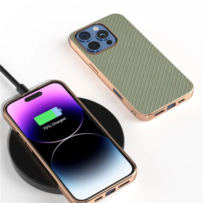 For iPhone 16 Pro Max Case Electroplating Phone Cover Carbon Fiber Texture PU+TPU Protective Case