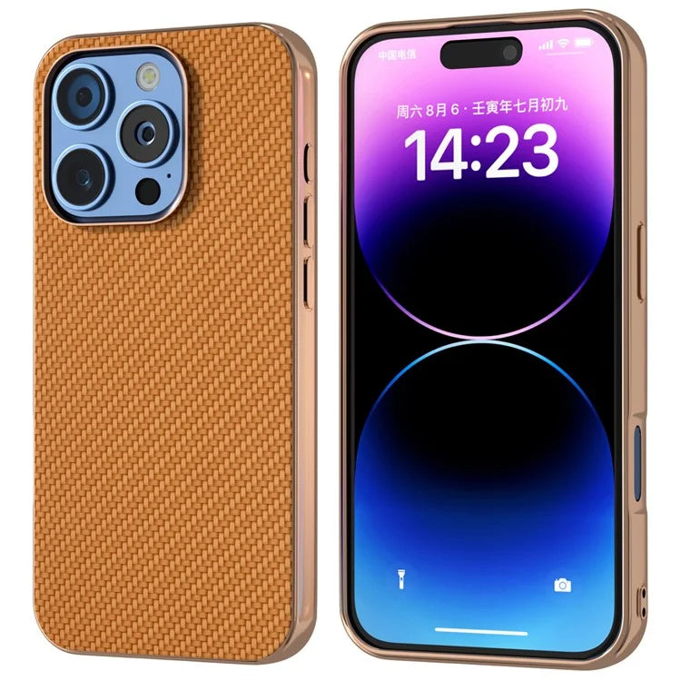 For iPhone 16 Pro Max Case Electroplating Phone Cover Carbon Fiber Texture PU+TPU Protective Case