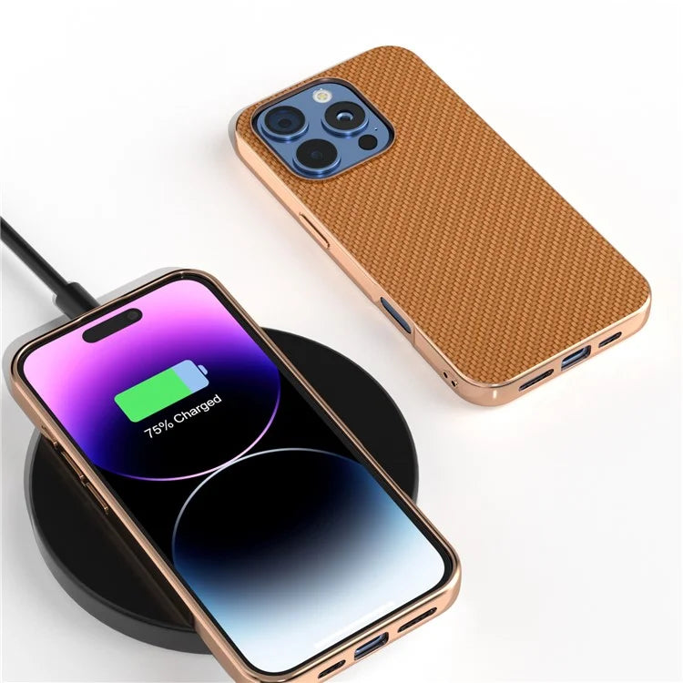 For iPhone 16 Pro Max Case Electroplating Phone Cover Carbon Fiber Texture PU+TPU Protective Case