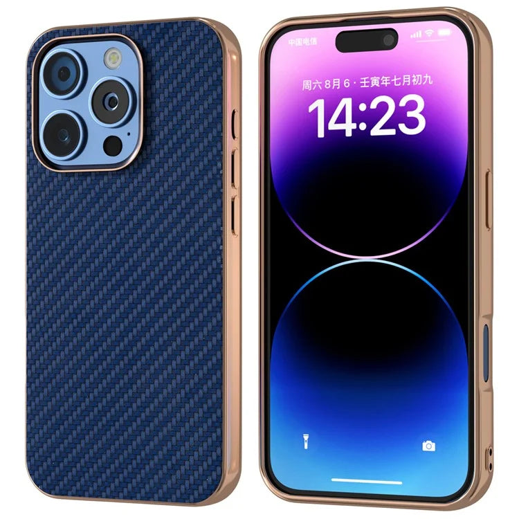 For iPhone 16 Pro Max Case Electroplating Phone Cover Carbon Fiber Texture PU+TPU Protective Case