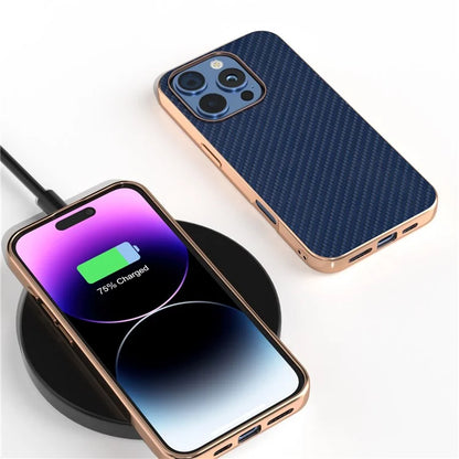 For iPhone 16 Pro Max Case Electroplating Phone Cover Carbon Fiber Texture PU+TPU Protective Case