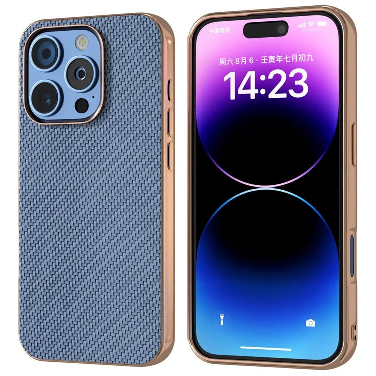For iPhone 16 Pro Max Case Electroplating Phone Cover Carbon Fiber Texture PU+TPU Protective Case