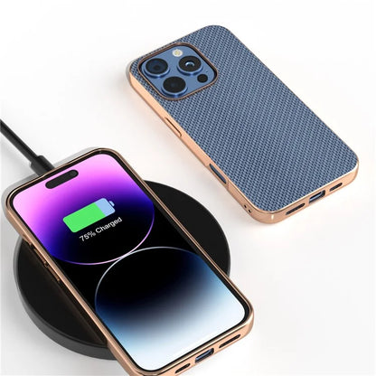 For iPhone 16 Pro Max Case Electroplating Phone Cover Carbon Fiber Texture PU+TPU Protective Case