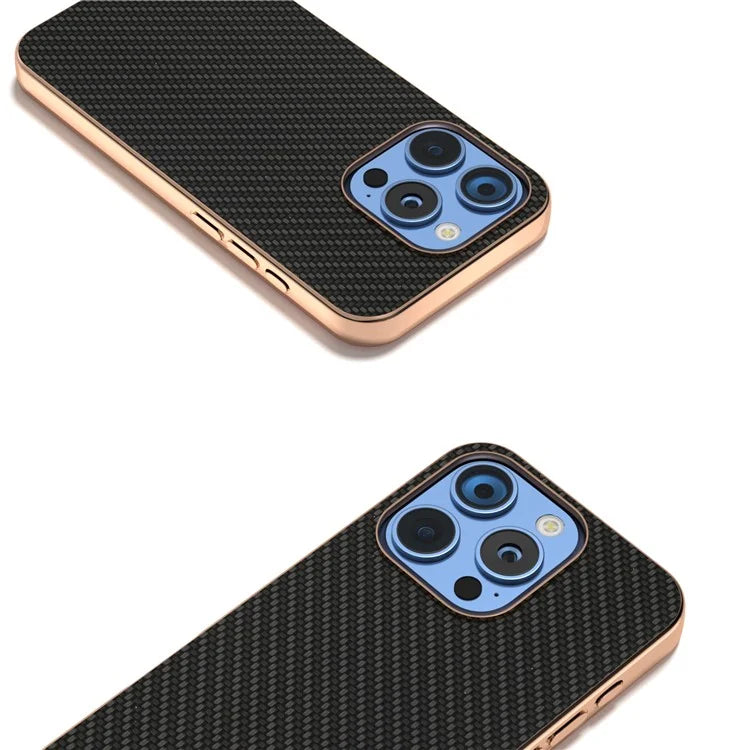 For iPhone 16 Pro Max Case Electroplating Phone Cover Carbon Fiber Texture PU+TPU Protective Case